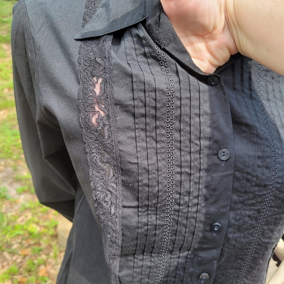 [EUC]Apostrophe Stretch Black Long-Sleeve Button-Down Dress Shirt w/ Lace Panels - Picture 5 of 16